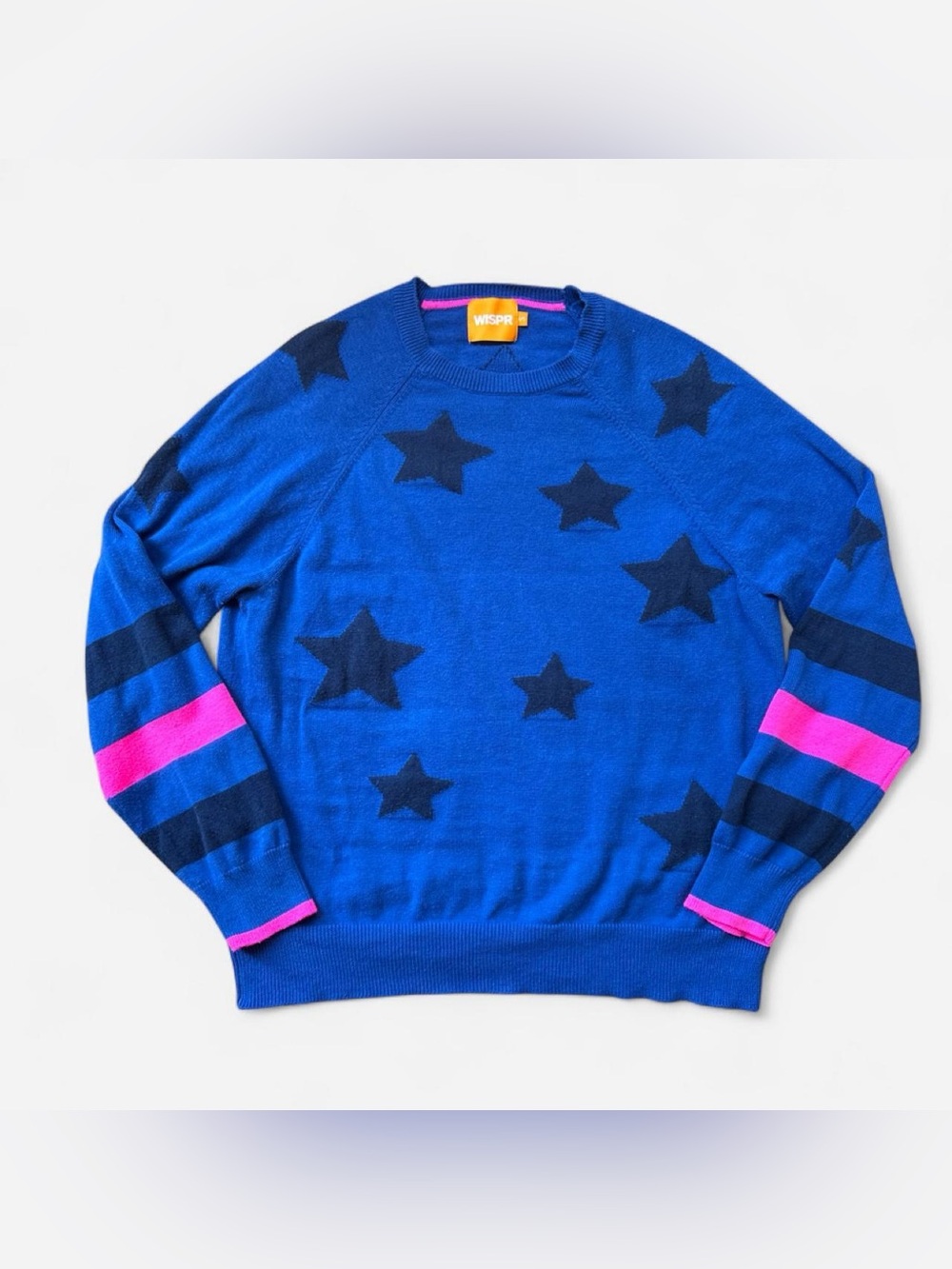 Women’s WISPR Blue Star Pattern Crewneck Sweater with Pink Stripe Detail